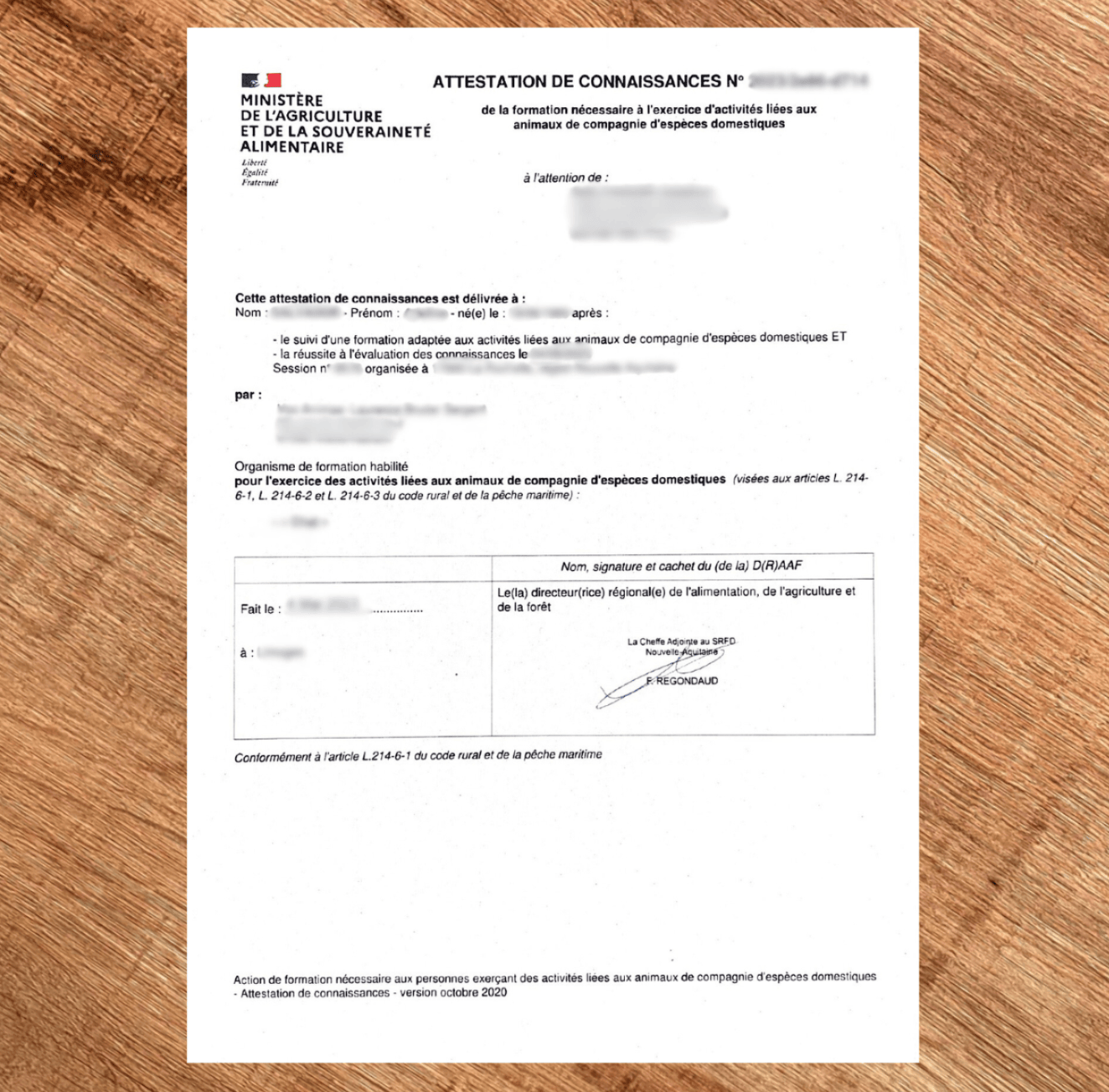document officiel flouté d'attestation de connaissances ACACED du ministère de l'agriculture et de la souveraineté alimentaire